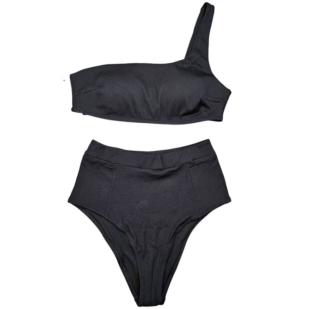 AERIE ONE‑SHOULDER BIKINI SET – WOMEN’S M – BLACK – HIGH‑WAIST BOTTOMS – NWT